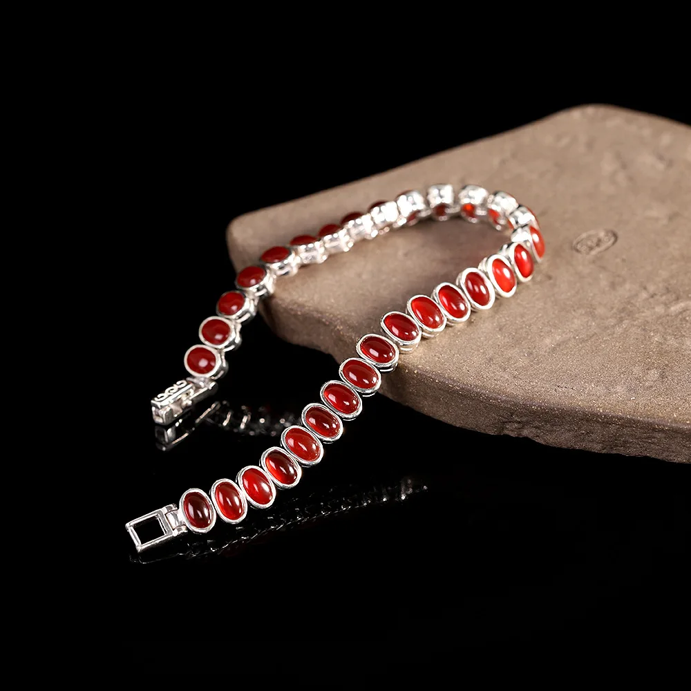 

4X6MM MINI Green Chalcedony Bracelets Women Delicate Oval Red Agate Party Statement Jewelry Glossy 925 Sterling Silver Bracelet