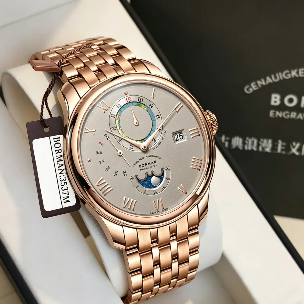 BORMAN BM3537-1 Luxury Men's Automatic Mechanical Watch Waterproof Steel Sun-Moon Phase Multi-Function Sapphire Crystal Clocks