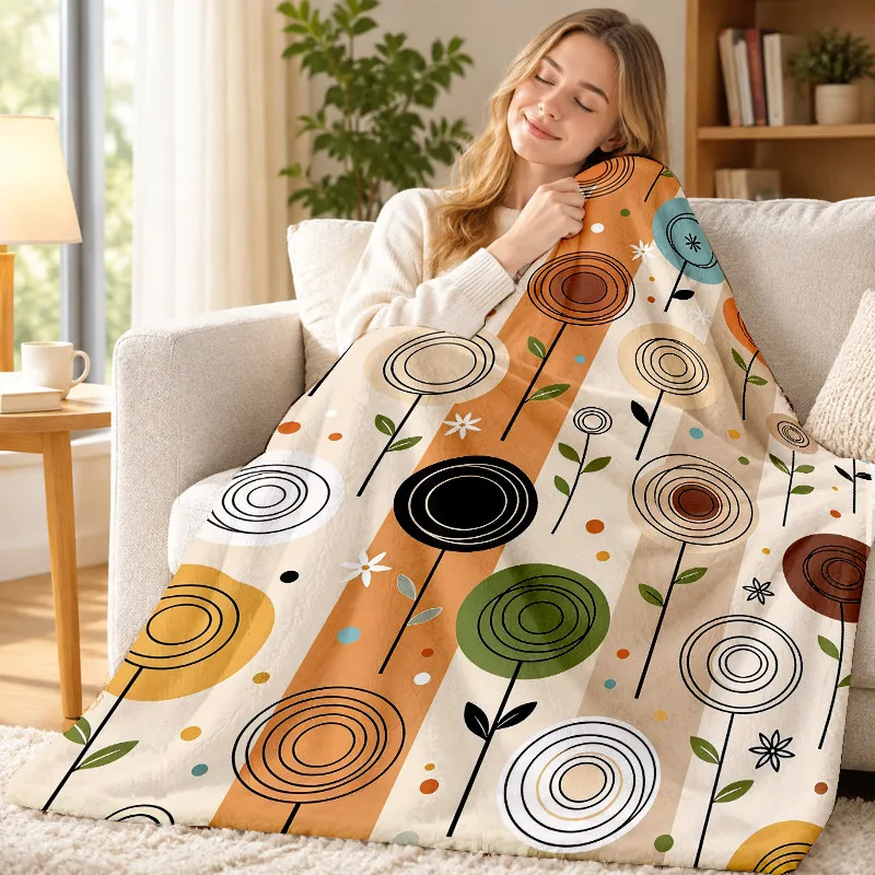 Abstract Flower Throw Blanket Striped Retro Floral Art Print Soft Flannel for Kids Room Sofa Lap Bohemian Style Decor Gift