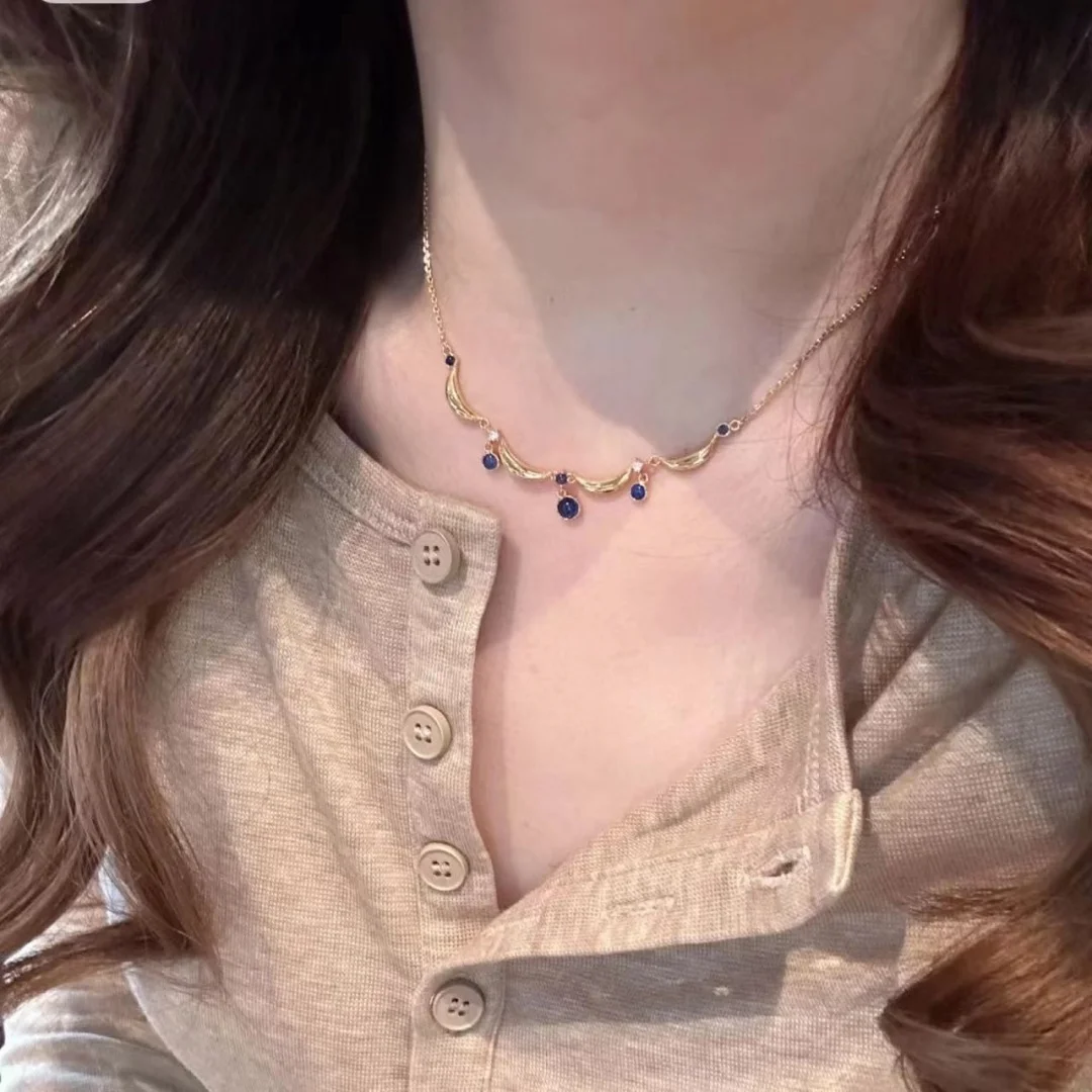 

DUTRIEUX Retro Court Style Necklace Glossy Crown Jewelry Sets Blue Gem Choker Bracelet Ring for Women Girls Luxury Fashion Chain