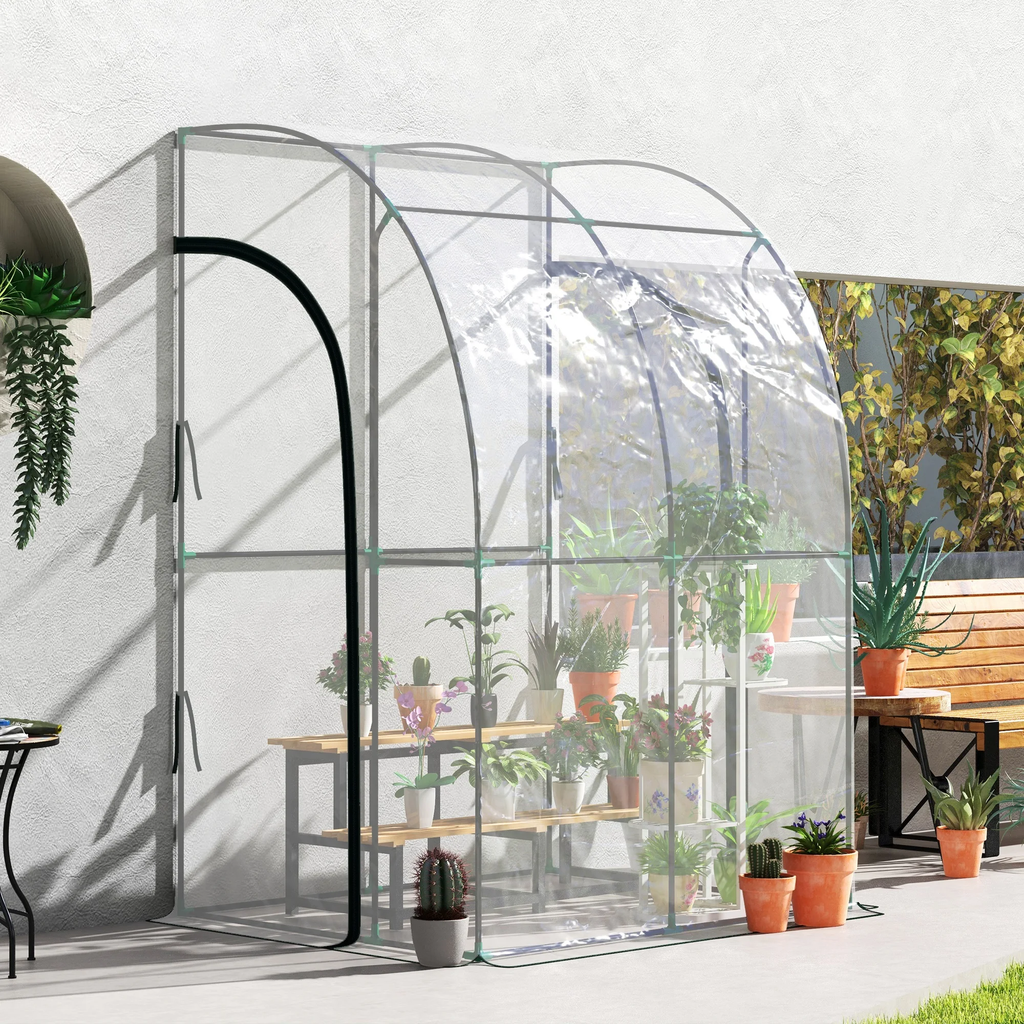 Anlehn-Gewächshaus mit Stahlrahmen und transparenter PVC-Abdeckung, 2 aufrollbare Reißverschlusstüren für Terrassenpflanzen