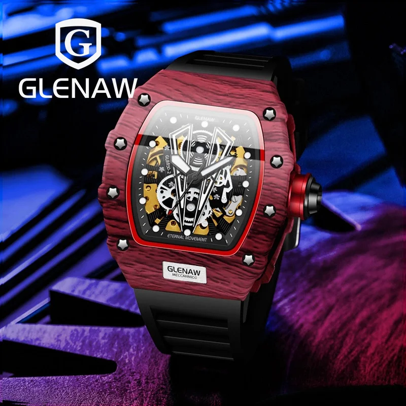 GLENAW Automatic Mechanical Movement Rubber Men's Watch Fashion Chronograph Men's Watch Clock Waterproof  Luminous Clock+Box