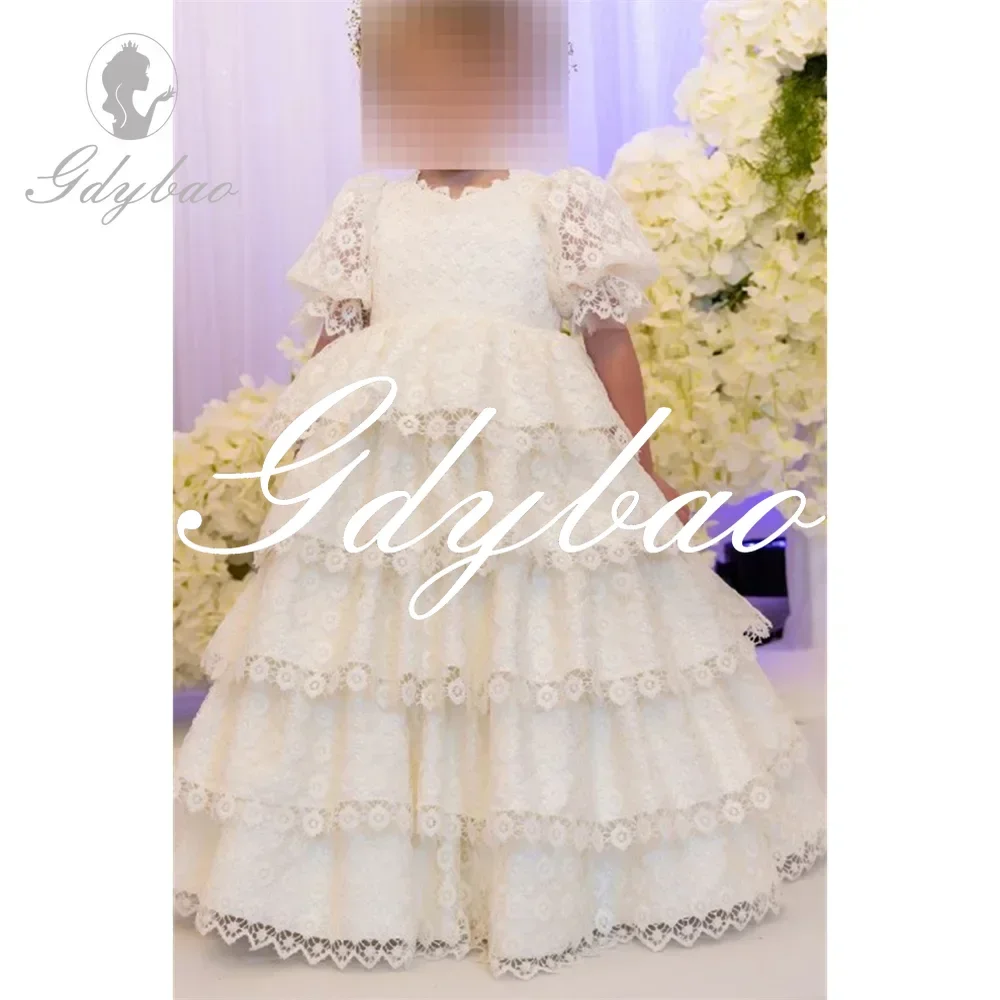 Princess Lace Applque O Neck Half Puff Sleeve First Communion Dress Pleat Floor Length Long Ball Flower Girl Gown Customized