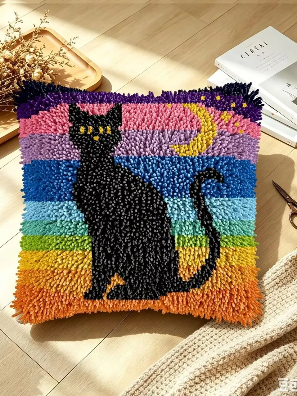 1 Set Regenbogen-Schwarze-Katze-Mondknoten-Kissen-Bastelset mit Kissenbezug für Handarbeiten, DIY-Anfängerfreundliches Latch-Hook-Set – Detail 1
