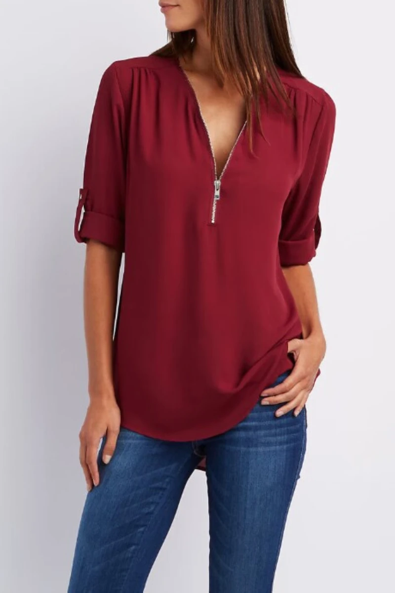 2024 Quality HotSale Plus Size Deep V Neck Women Blouse Chiffon Cool Loose Shirt Fashion Casual Ladies Tops Sexy Zipper Pullover