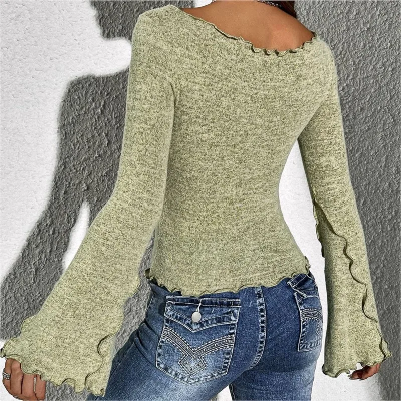 2025 Pullover Blusas Long Sleeve Tops T Shirt Tees Solid Color Flared Sleeve Fungus Side Slim All-match Casual Homewear Fashion