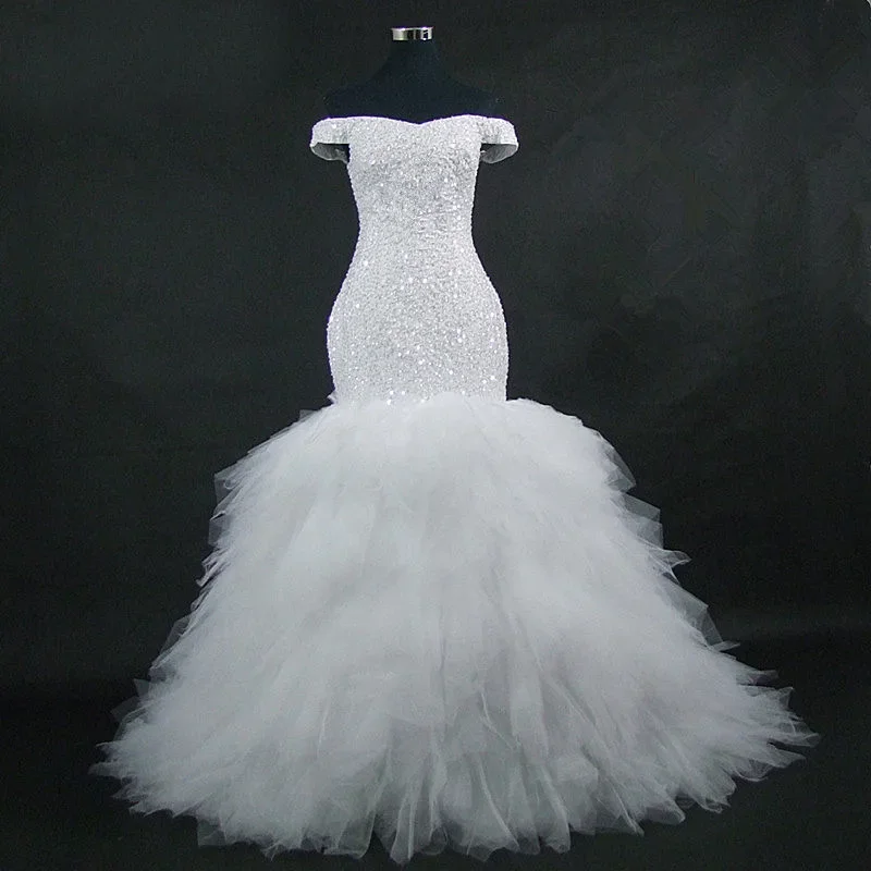Customized Africa Design Amazing Full Beading Off The Shoulder Mermaid Dress Stunning Ruffles Tiered Wedding Gowns.