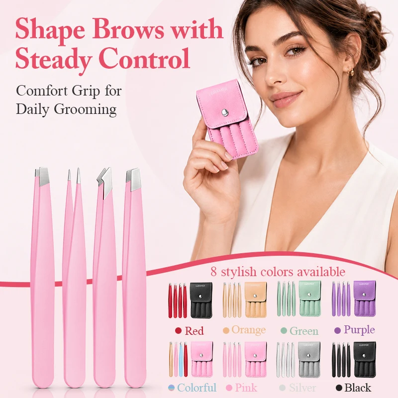 Ensemble de 4 pinces à épiler colorées en acier inoxydable, pinces de précision pour l'épilation, avec étui de rangement portable en PU, outils de maquillage
