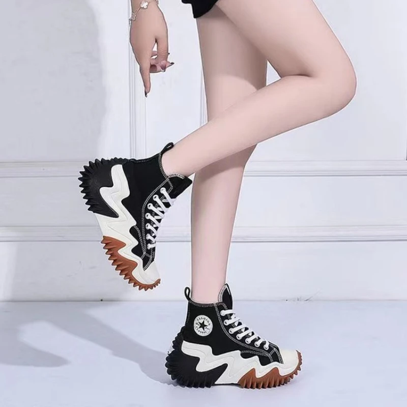 2024 Lace Up Women's Thick Bottom High Top Vulcanize Shoes Outdoor Women Sneakers Round Toe Canvas Women's Casual Shoes