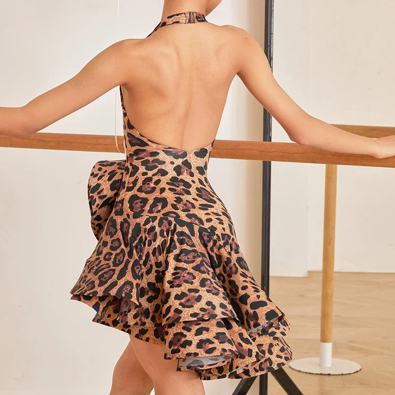 Nuevo vestido de baile latino para niñas, vestido de espina de pescado Leoprard, disfraz de actuación de Rumba Cha, falda de Ropa de baile de competición de práctica latina