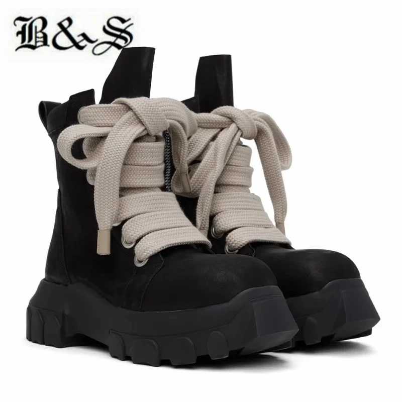 

Black& Street 2023 Bettla Thick Sole Suede Black Genuine Leather Boots Motorcycles Big Lace Catwalk Fashion Botas