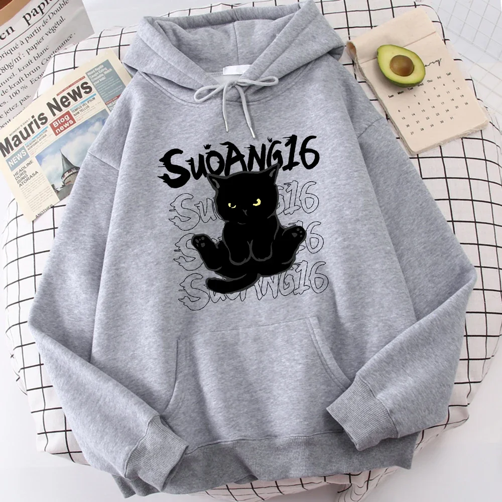 Cute Cartoon Black Cat Print Hoodie Suoang16 Letter Graphic Women \'s Sweatshirts Harajuku Unisex Casual Hooded Pullover Clothes