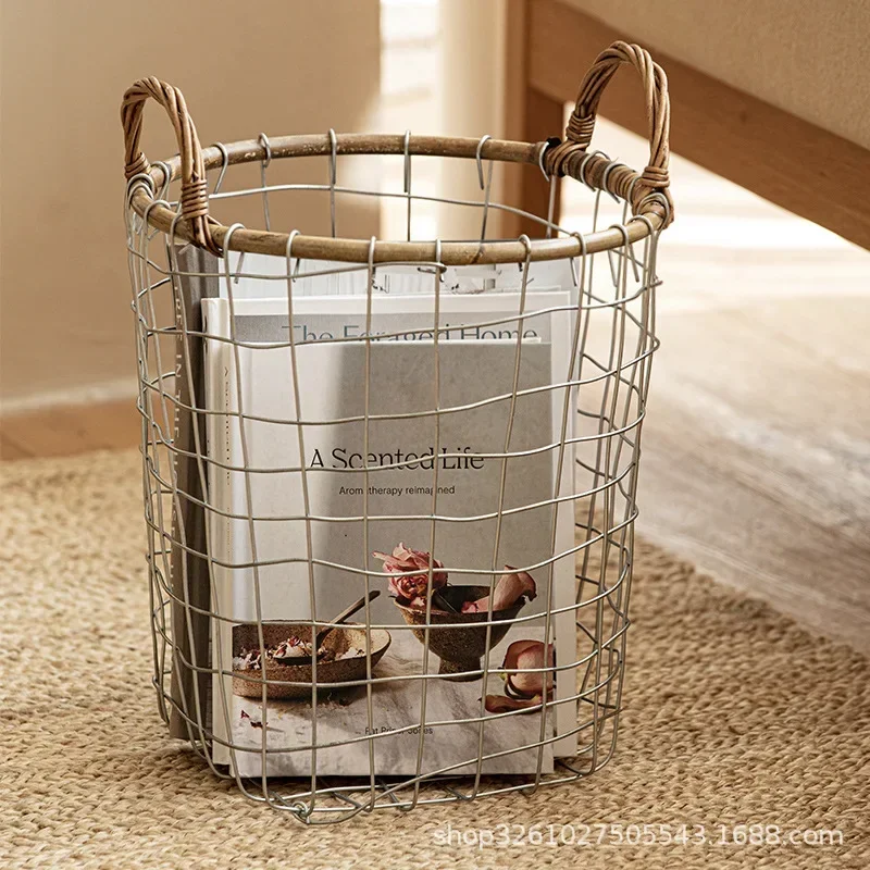 Retro Minimalist Wrought Iron Mesh Storage Basket Woven with Rattan and Iron Wire Pure Handmade Hand-held Storage Basket