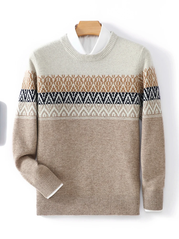 Autumn Winter Men O-neck Wool Pullovers Fair Isle Sweater Casual Vintage Christmas style Cashmere 100% Merino Wool Knitwear Tops