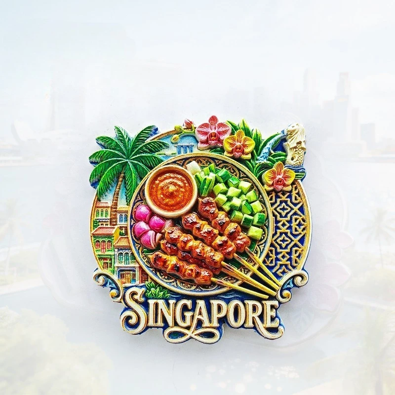 Imán de nevera de satay de Singapur - Souvenir 3D del Hawker Center, regalo único del sudeste asiático para viajes y decoración de cocina para amantes de la gastronomía