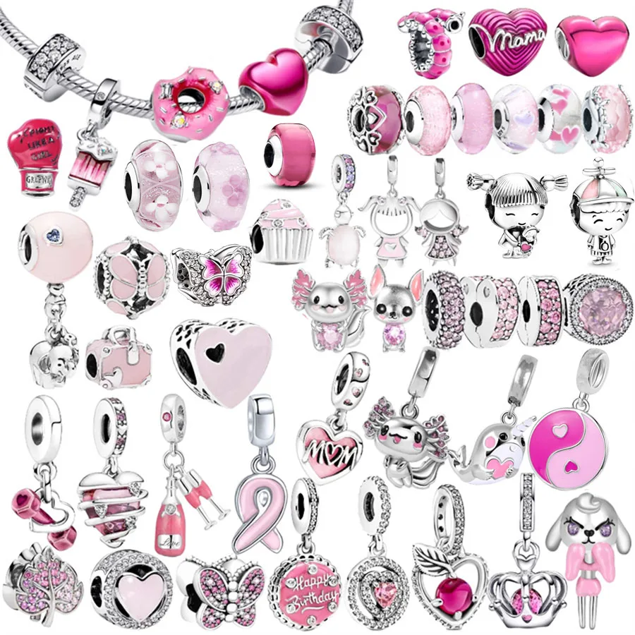 Hot Sale DIY Fine Pink Series Charm Bead Pendant Clip Murano Glass Bag Fit Original Pandora 925 Silver Bracelet/Necklace Jewelry