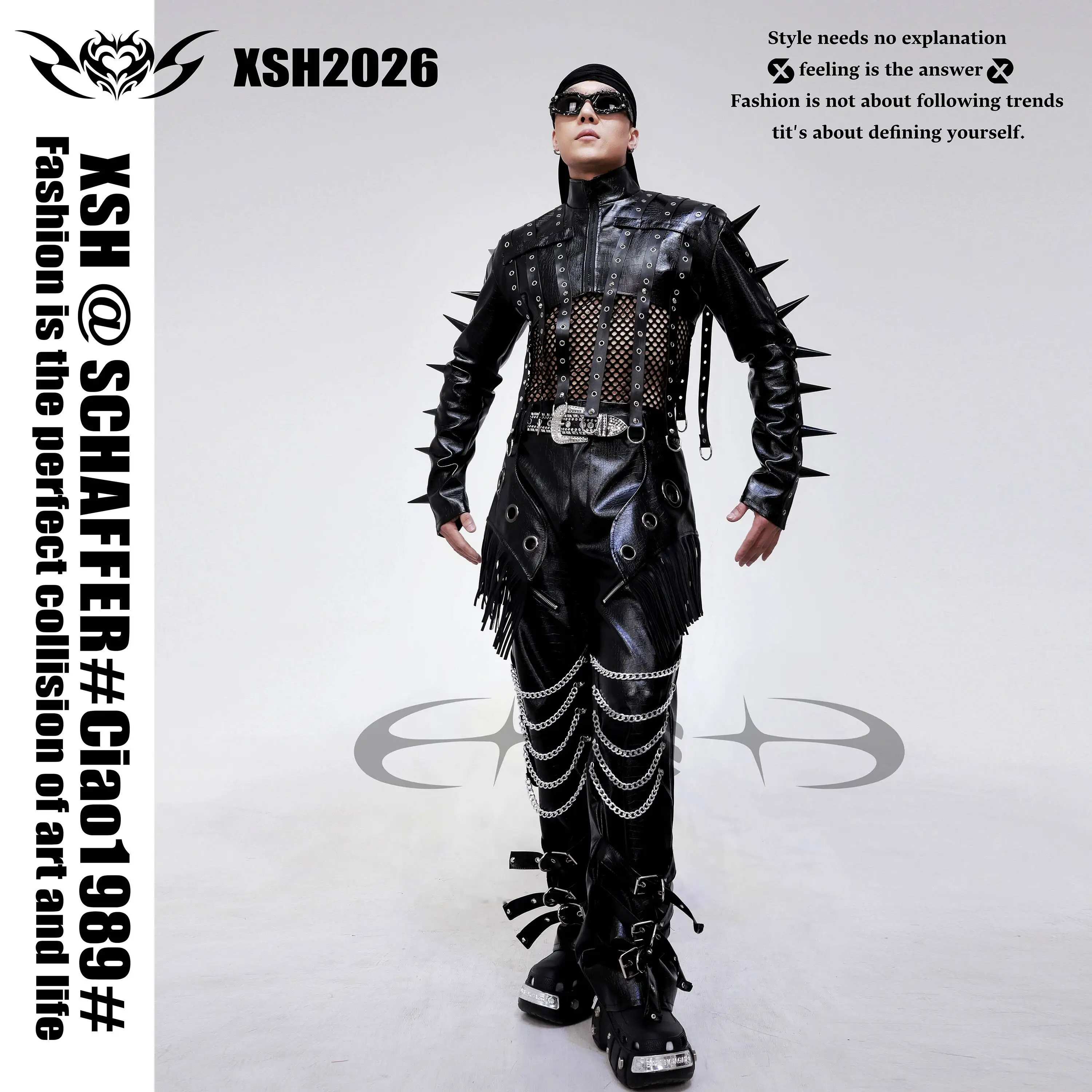 Black Rivet Leather Jacket With Mesh And Tassel Chain Pants, Bar Men's Gogo Dark Theme Patrol Custom Set
