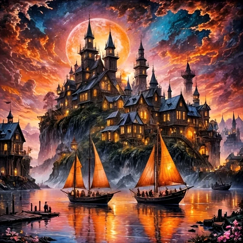 Kit de pintura con diamantes, patrones de castillo y velero, arte con diamantes redondos, múltiples tamaños para elegir, sin marco