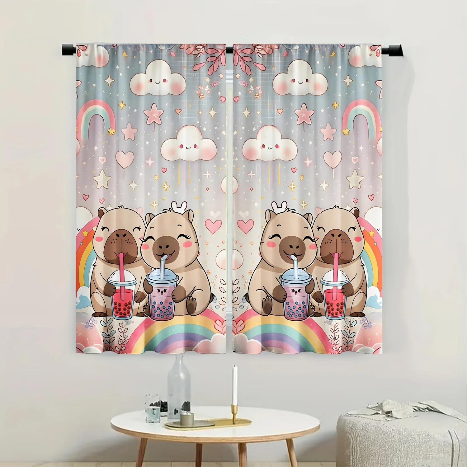 2pcs Cute Capybara Curtains Rainbow Cloud Boba Tea Print Drape Kids Room Bedroom Window Treatment Kawaii Home Decor Panels