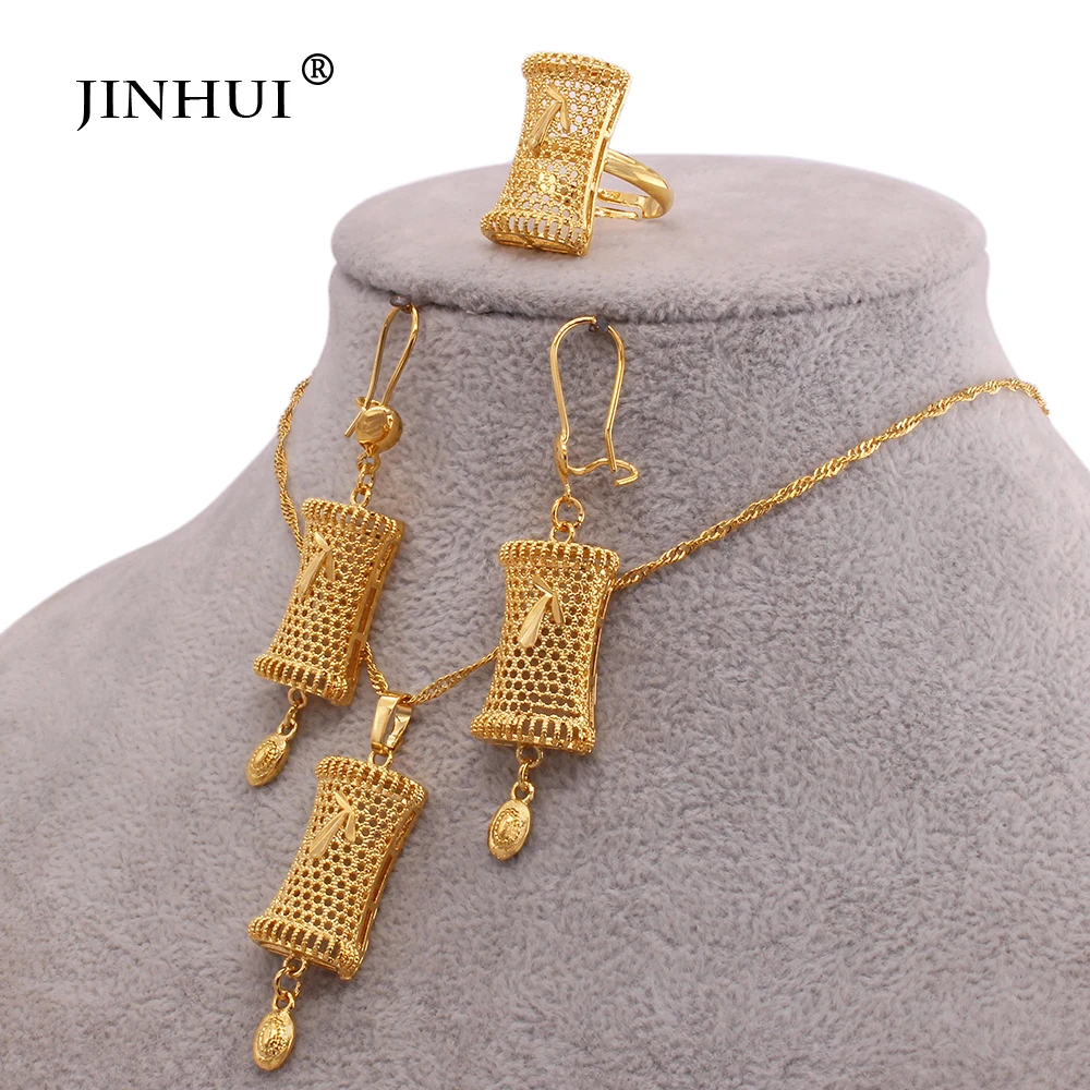 Dubai luxury jewelry sets India wedding gifts bridal Necklace set gold plated Pendant Earrings ring jewellery set for women