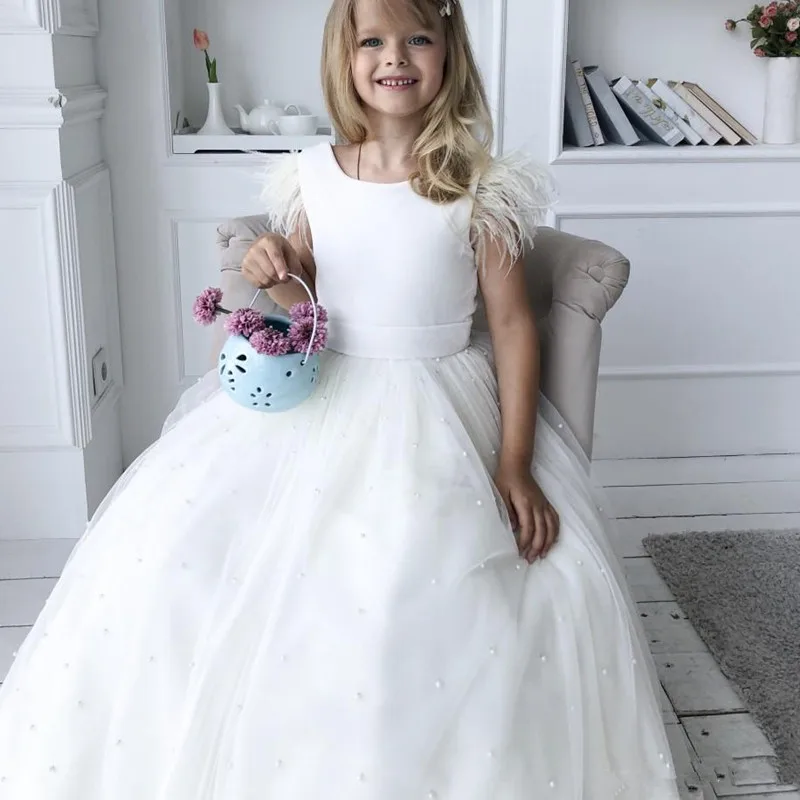 Flower Girl Dress with Flowers Ribbons for Girls Tulle Dresses Birthday Party Wedding Ceremonious Clothes Gown for Kids