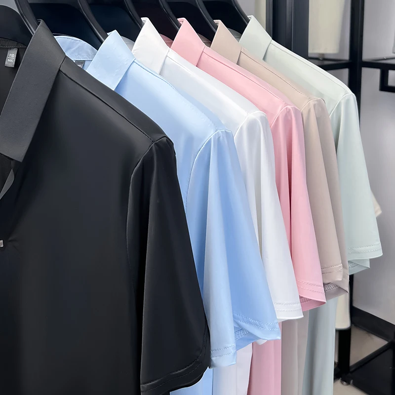 Herren Eisseide Hemd mit verdecktem Knopf, Reverskragen, Kurzarm, Slim Fit, weich, knitterfrei, atmungsaktiv, Sommer-Oberteil – Detail 23