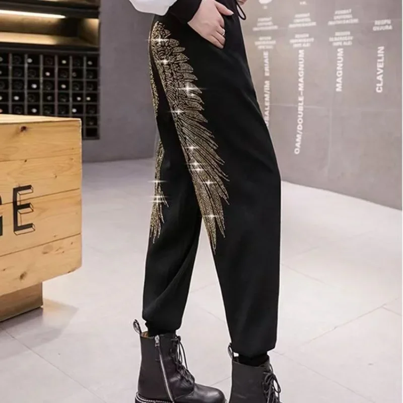 بنطلون حريمي محبوك ، بنطلون طويل كاجوال فضفاض عصري ، تطريز ثقيل وأجنحة كريستال ، خريف وشتاء