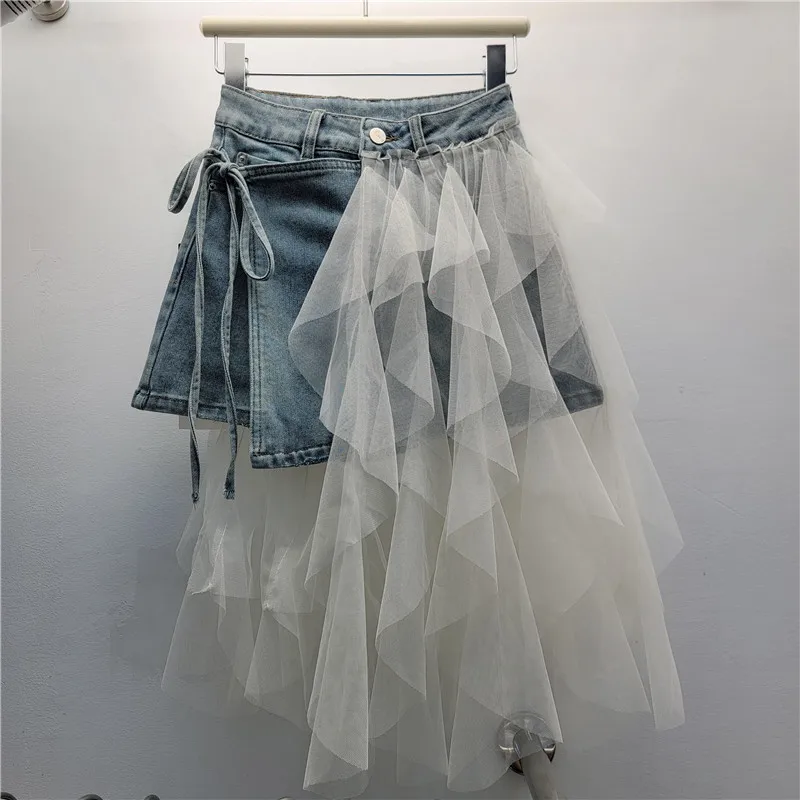 

Fashion Aesthetic Harajuku Patchwork Mesh Irregular Mini Denim Skirt Emo Hot Girl High Waist A-line Gothic Style Kpop Skirts