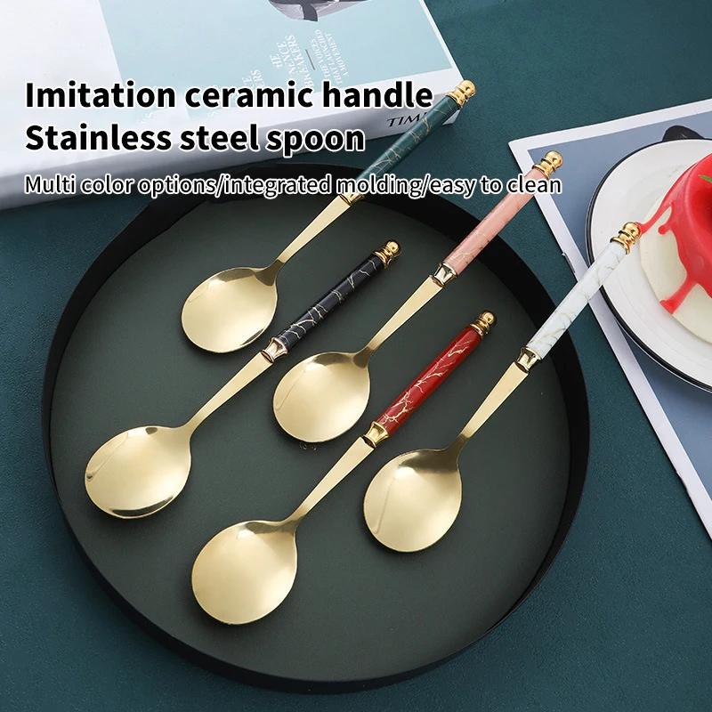 Stainless Steel Dessert Spoon Ceramic Long Handle Icecream Spoon Teaspoon Gold Coffee Cake Fruit Milk Spoon Kitchen Tableware