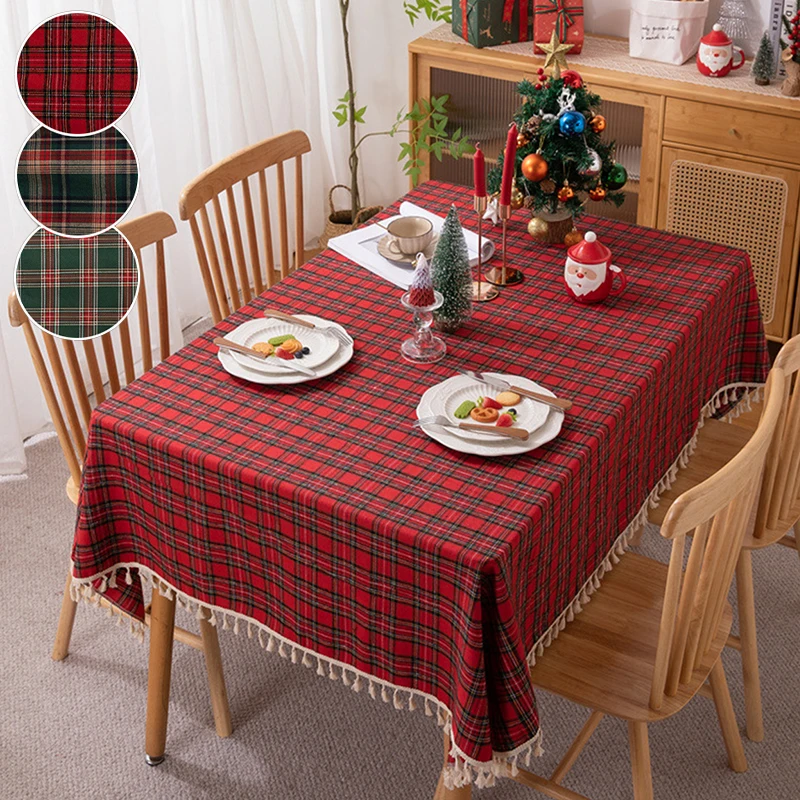 1 Stück Vintage Weihnachts-Tischdecke mit Karomuster und Quasten, wiederverwendbar, geeignet für Wohnzimmer, Esszimmer, Festivals, Partys, Zusammenkünfte.