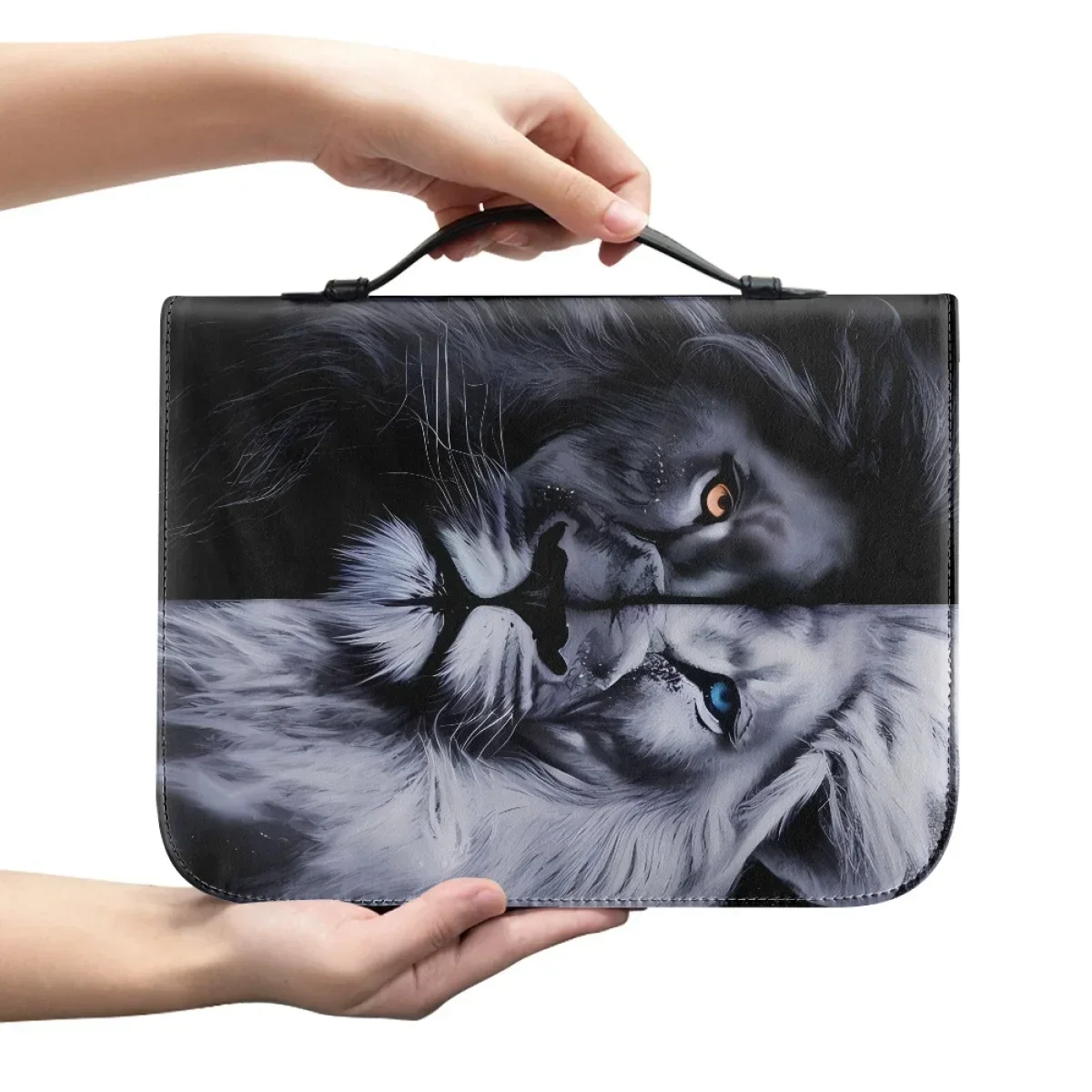 Black and White Lion Print Women Bible Cover Case PU Leather Handbags Female Zipper Handle Study Book Holy Storage Boxes Custom