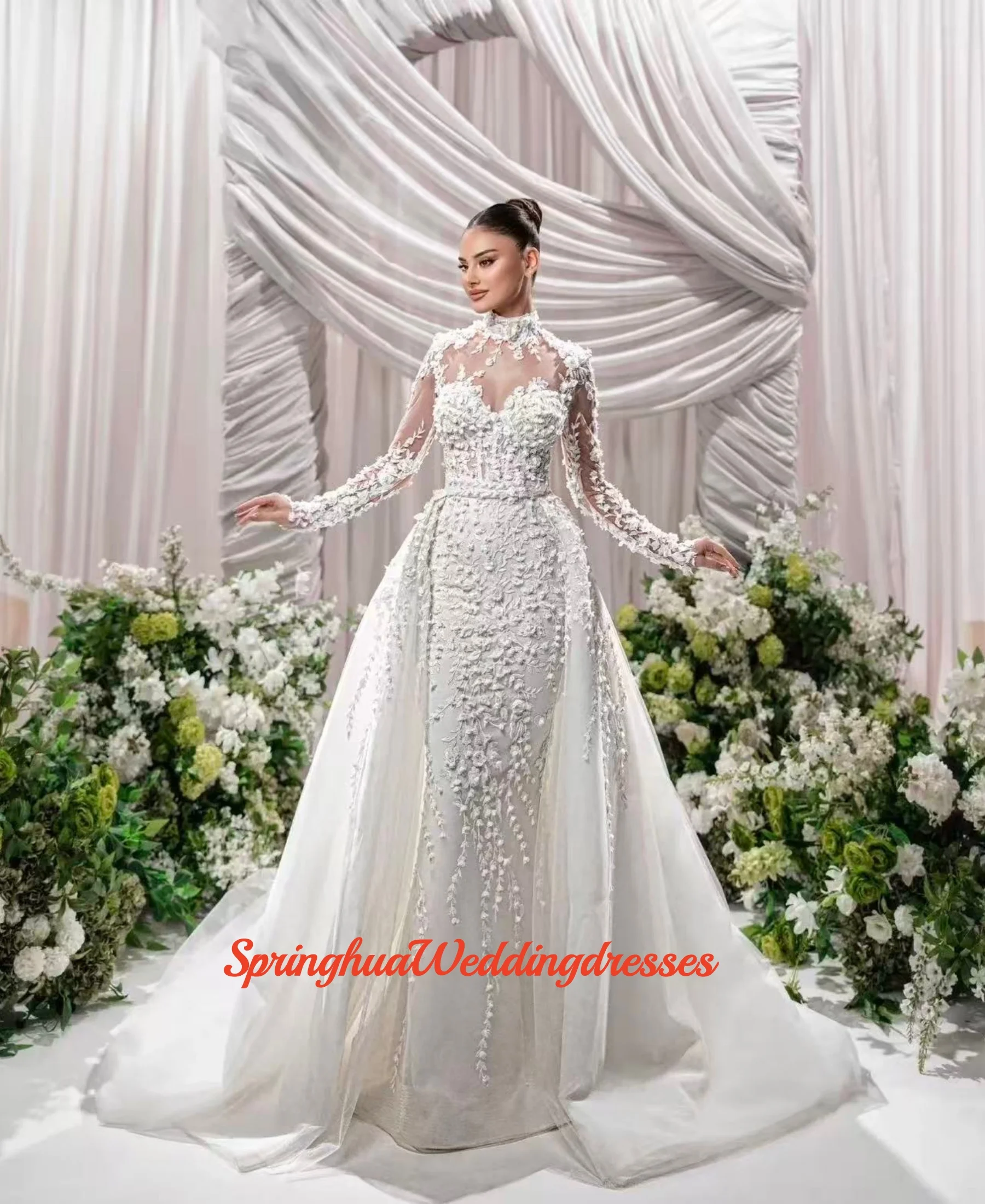 

Индивидуальное винтажное свадебное платье с высоким воротом, съемным шлейфом, кружевными 3D аппликациями, элегантное, в пол, Vestidos De Novia