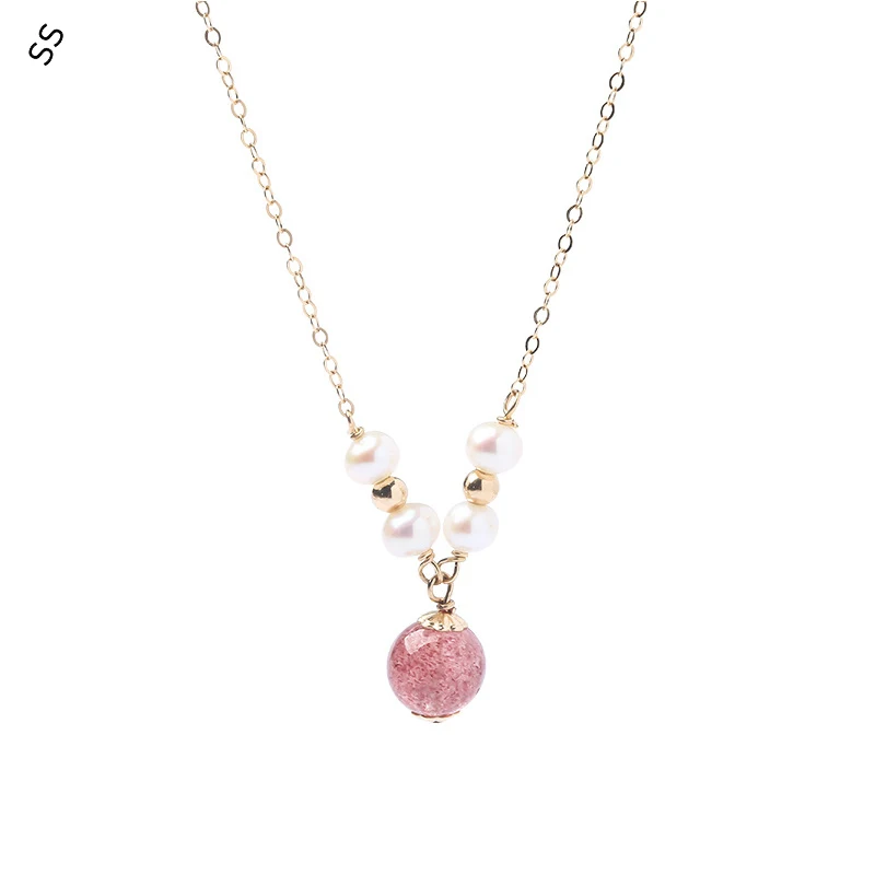 

Daily Necklace Accessories Natural Strawberry Crystal Beads 14K and Pearl Pendant Collarbone Chain for Women Garment Decoration