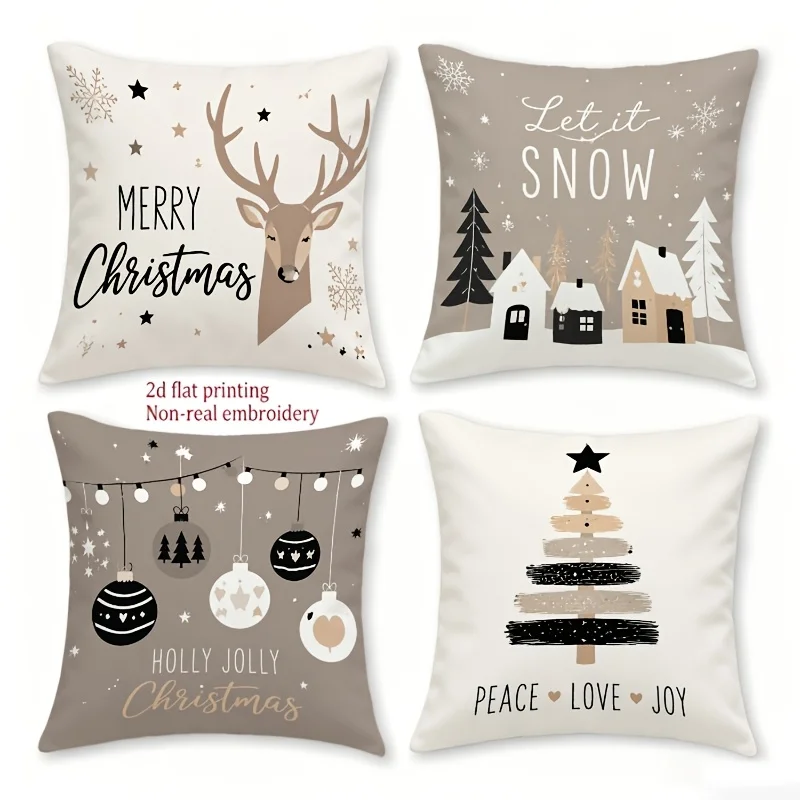 2D Flat 4pcs Christmas Themed Pillow Covers, Morandi Easy Nordic Style Christmas Reindeer Cottage Hanging Ball Christmas Tree