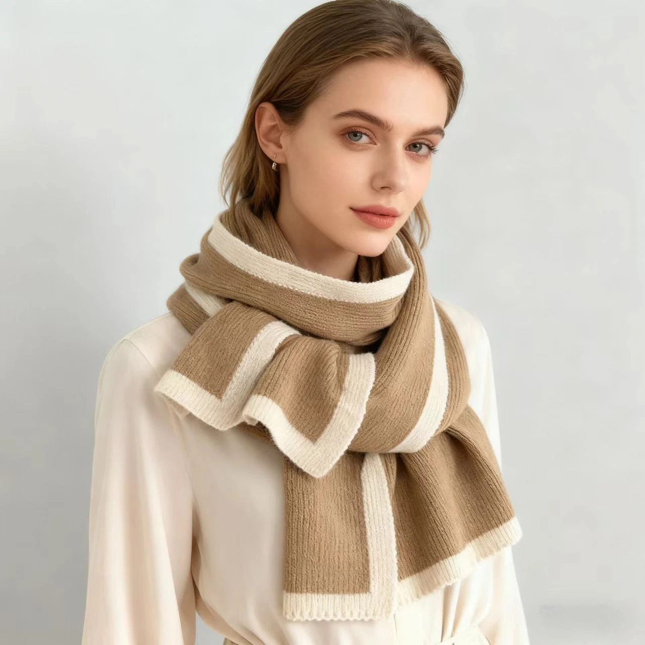 

Черно-белый контрастный вязаный шарф, простой и универсальный осенне-зимний теплый шейный платок, стильная элегантная шаль для поездок на работу.