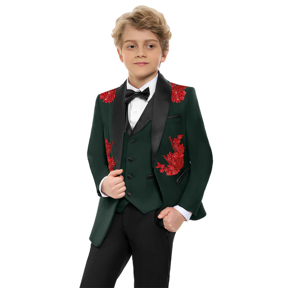 Stunning Luxurious Beaded Kids Suits Set 4 Pieces Handsome Dark Green Children's Tuxedo Party Wear Easter Boys Blazer In Stocks