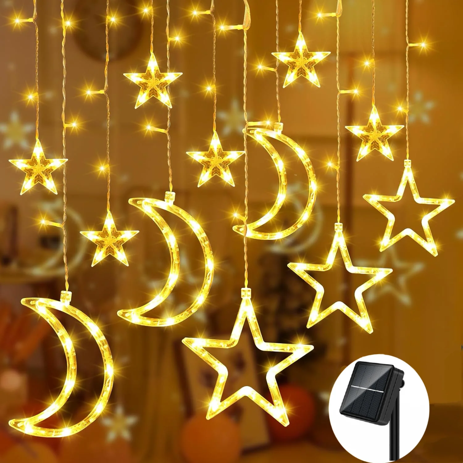 Solar Powered Star Moon String Lights 8 Modes Hanging LED Curtain Fairy Light for Holiday Party Christmas New Year Ramadan Decor