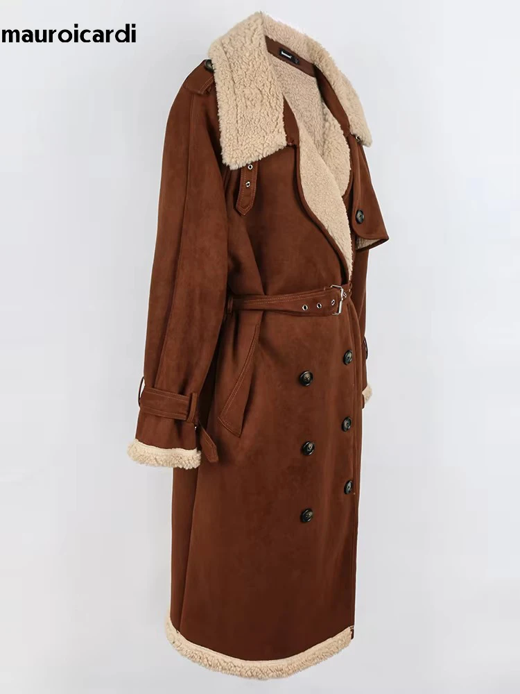 Mauroicardi Spring Winter Long Brown Thickened Warm Soft Fake Shearling Coat Women Belt Loose Faux Sheepskin Overcoat 2025