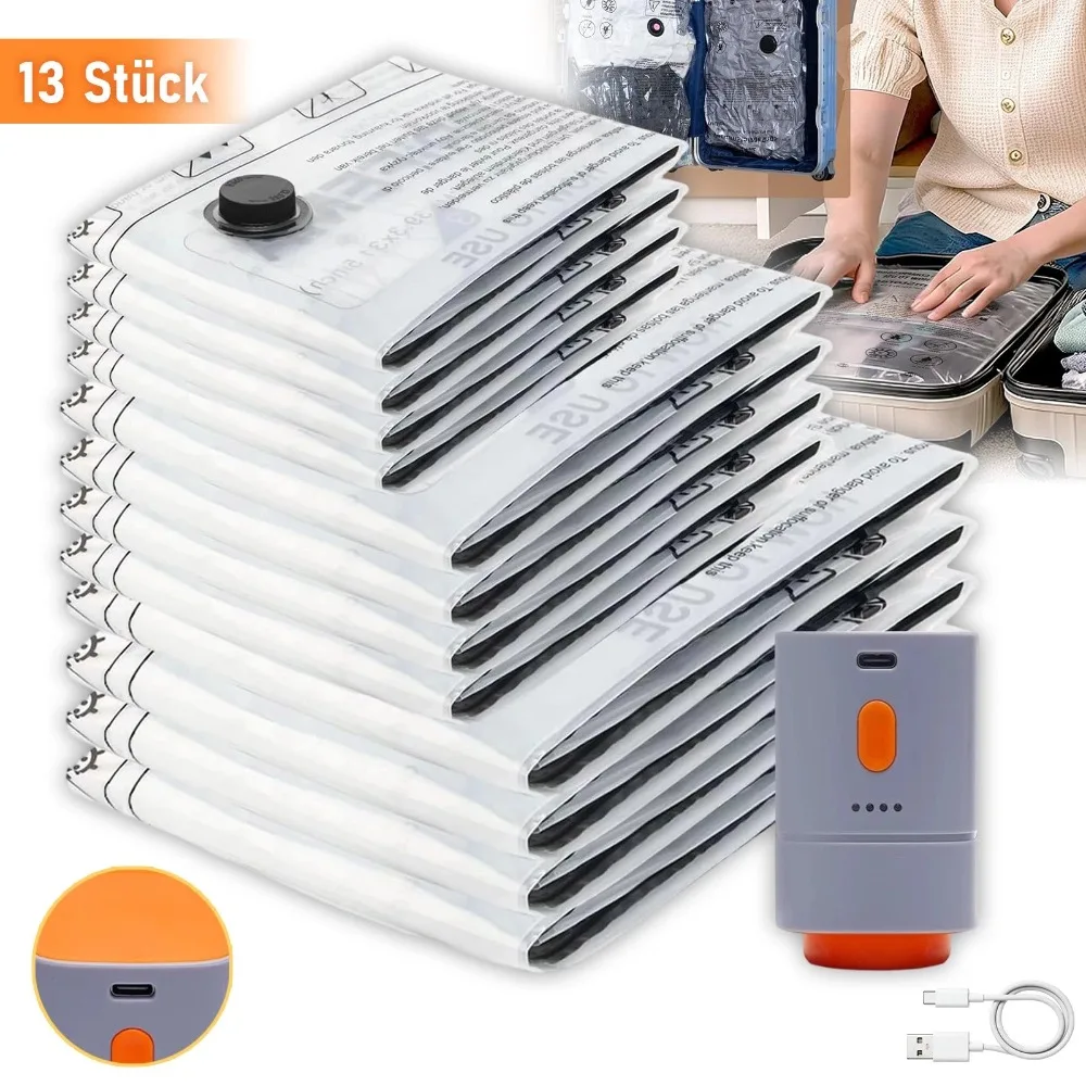 Vakuumbeutel mit kabelloser Pumpe - Set mit 12 Stück (4 x 40 x 60 cm, 4 x 50 x 70 cm, 4 x 60 x 80 cm) Wiederverwendbare Vakuumbeutel für Kleidung, Reisen & Aufbewahrung, inklusive wiederaufladbarer