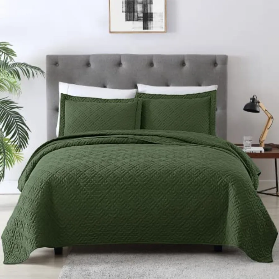 Quilt Set Full Quilts Queen Size Olive Green 3 PieceLightweight Soft Coverlet Modern Style Squares Pattern Bedspread Set 1 Quil