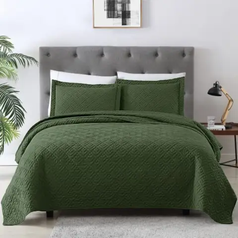 Quilt Set Full Quilts Queen Size Olive Green 3 PieceLightweight Soft Coverlet Modern Style Squares Pattern Bedspread Set 1 Quil