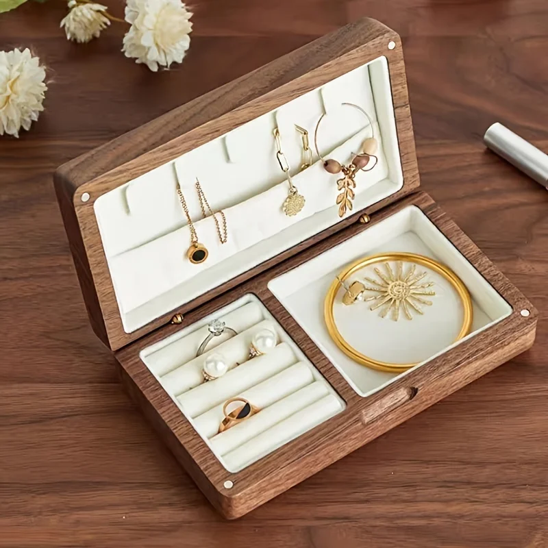 صندوق مجوهرات من الخشب الصلب من خشب الجوز الأسود، منظم تخزين رائع للخواتم والأقراط والقلائد والمجوهرات الذهبية، هدية مبطنة بالمخمل