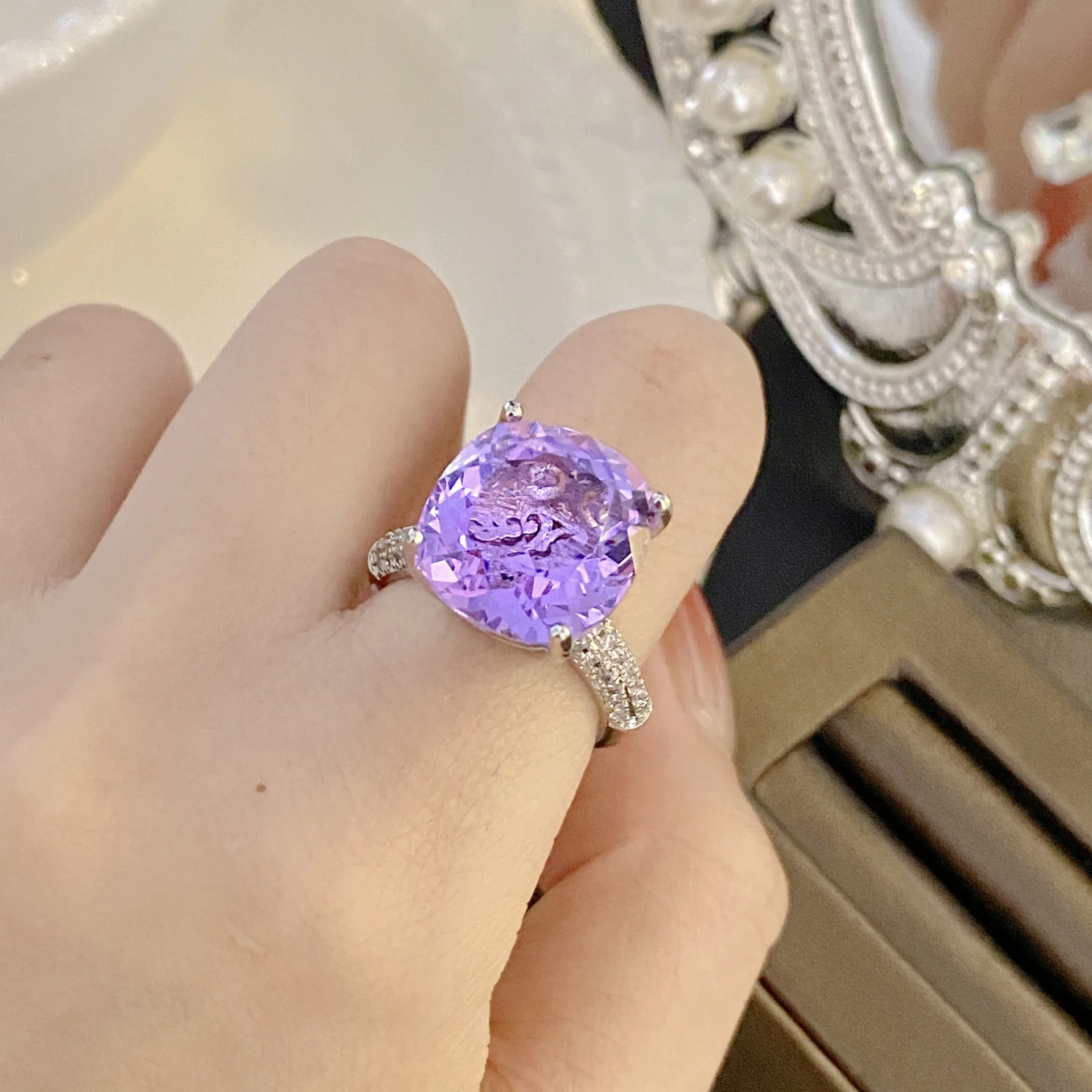High Quality 925 Silver Color Lab Diamond Wedding Band Rings for Women 12 Carat Solitaire Proposal Bridal Open Ring Jewelry