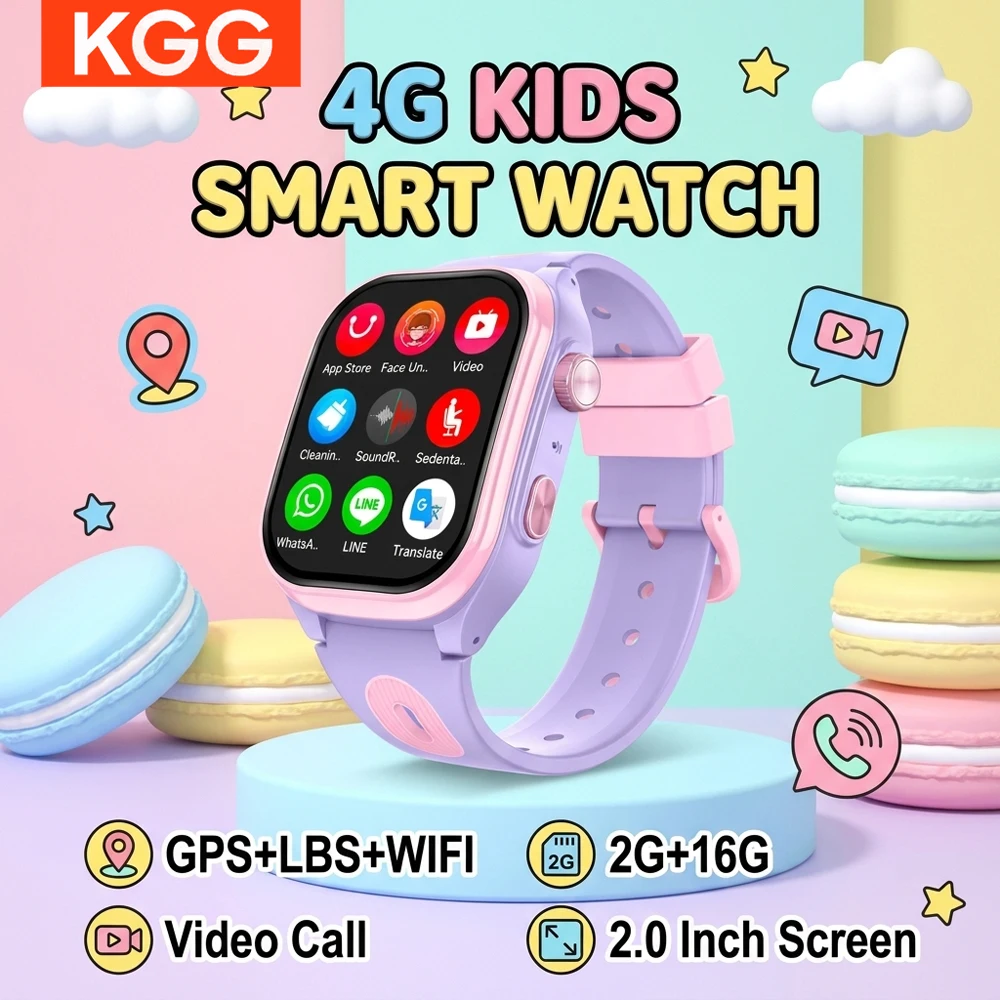 Montre connectée 4G pour enfants avec GPS, localisateur WiFi, écran HD 2,0 pouces, 2+16 Go, téléchargement d'applications, appel vidéo, caméra, étanche, moniteur enfant