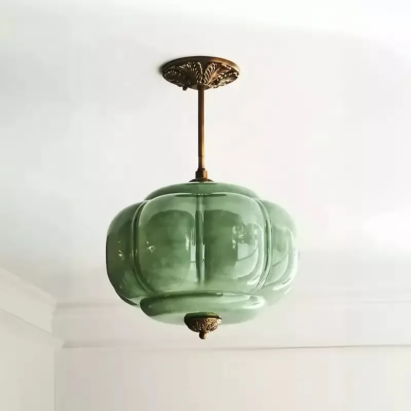 Retro Green Milk Glass Pendant Lamp Scallop Shape Dimmable Led Hanging Light For French Medieval Homestay Office Decor