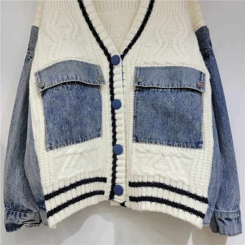 Fashion Women\'s Patchwork Denim Pockets Knit Striped Cardigan 2024 Autumn Trendy V-neck Long Sleeves Sweater Female 1LS022