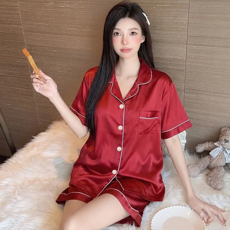 New Arrival: Women's Short-Sleeve Ice-Silk Two-Piece Pajama Set—red, Loose-Fitting, Cool-to-the-Touch, Comfortable Loungewear