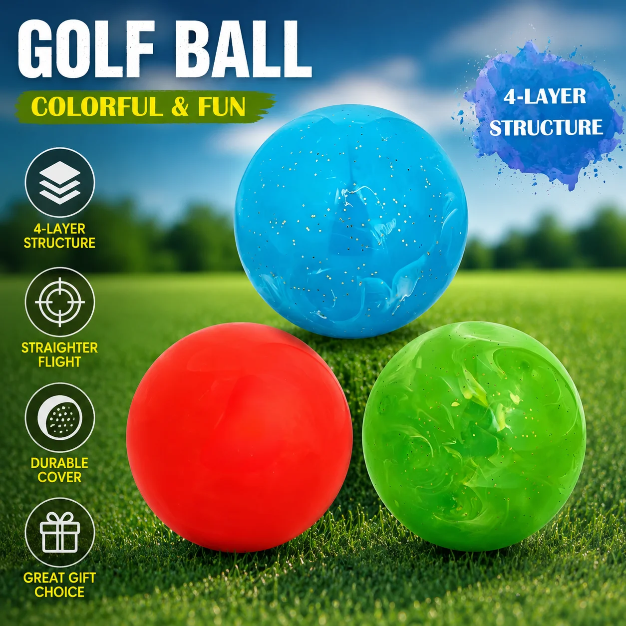 Caiton Premium Park Golf Ball – 60mm/2.36in, Fluid Art Design, Red, Blue, Green, 4-Layer Construction