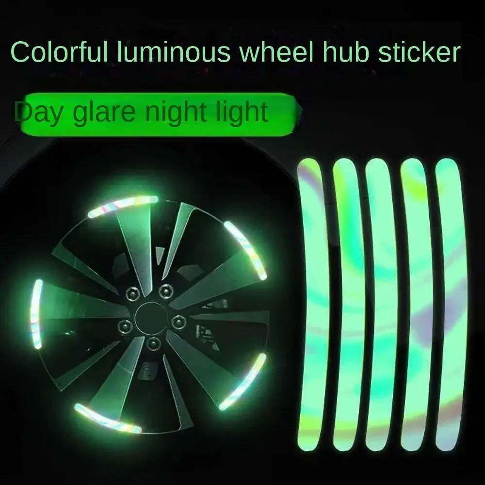 20Pcs Wheel Hub Reflective Sticker Rainbow Fluorescence Luminous Stripe Tape Car Motorcycle Decal Night Driving Safety Accessory