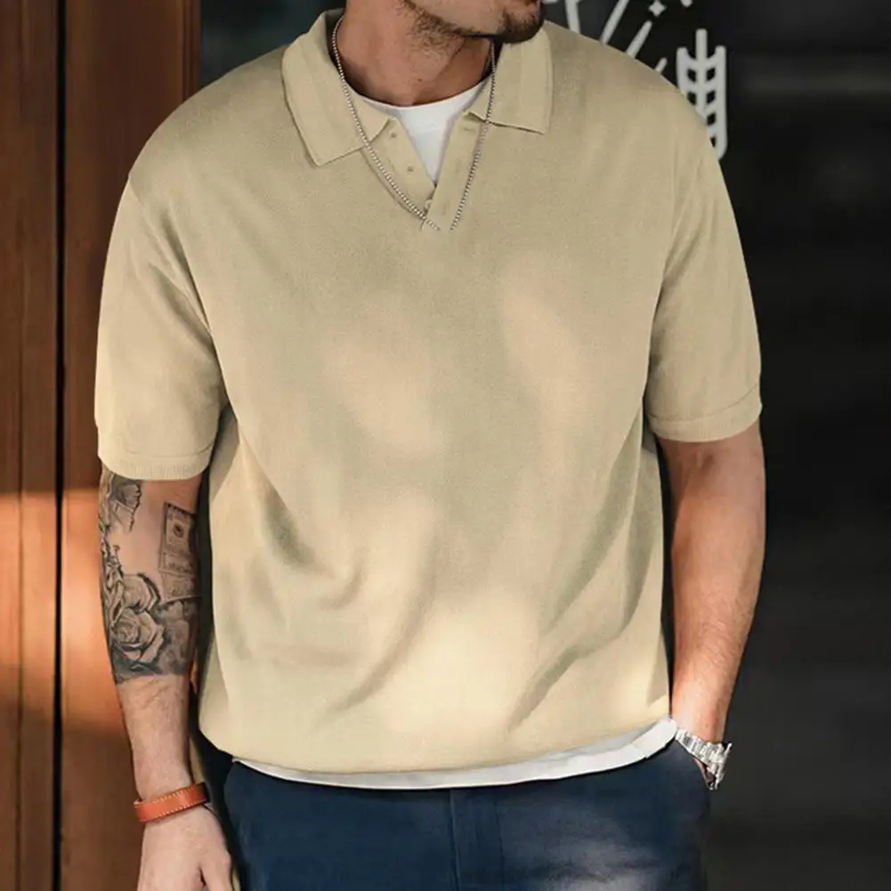 Male Summer Pure Color Top Lapel Buttons Neckline Men Shirt Short Sleeve Men Polos Shirt Summer Loose Fit Top Workwear